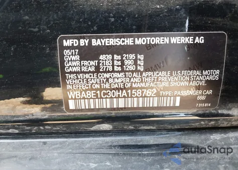 2017 BMW 330E Iperformance from USA, damaged, VIN WBA8E1C30HA158762